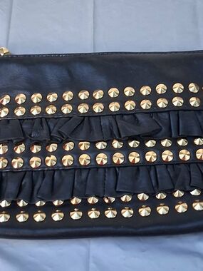 Betsey Johnson Black Clutch with Gold Studs and Ruffle Detail